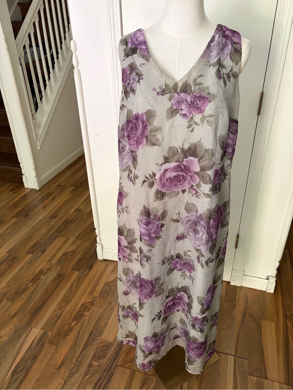 Vintage 90s Floral Overlay Long Dress Purple Roses Cottagecore Women’s XL